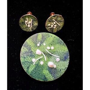 1950's Hand made Copper & Enamel Pin and Earrings Set Green White MCM